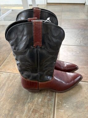 VTG Wrangler Cowboy Lizard Western Boots Size 9 Black & Mahogany Exotic Teju HTF